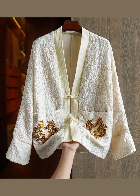 Simple Apricot V Neck Jacquard Nail Bead Patchwork Silk Coat Fall