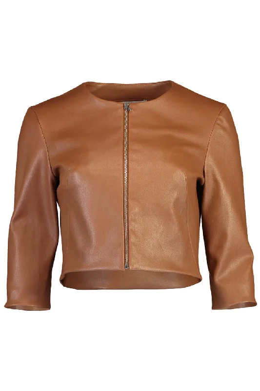 Stretch Leather Cardigan - Saddle