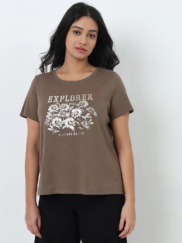 Gia Dark Taupe Floral Printed Cotton T-Shirt