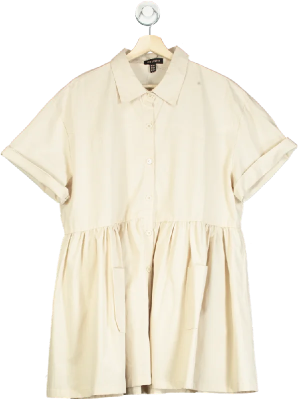 QED London Beige Short Sleeve Button-Up Dress UK S/M