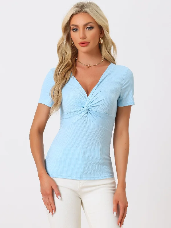 Twist Front Short Sleeve V Neck Casual Blouse Top